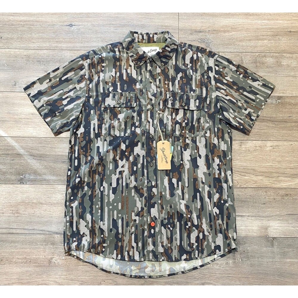 Duck Camp Lightweight Hunting Shirt Mens L Short Sleeve Vented Pockets-Woodland